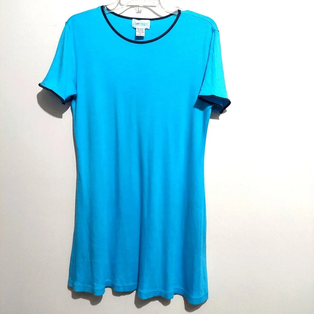 Just Clothes Womens Medium Knit Shift Dress Aqua Short Sleeves Piping "USA" - Picture 1 of 6